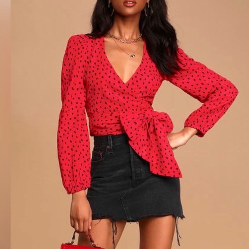 Billabong Red Black Dot Wrap Tie‎ Long Sleeve Blouse Top chic M  t2